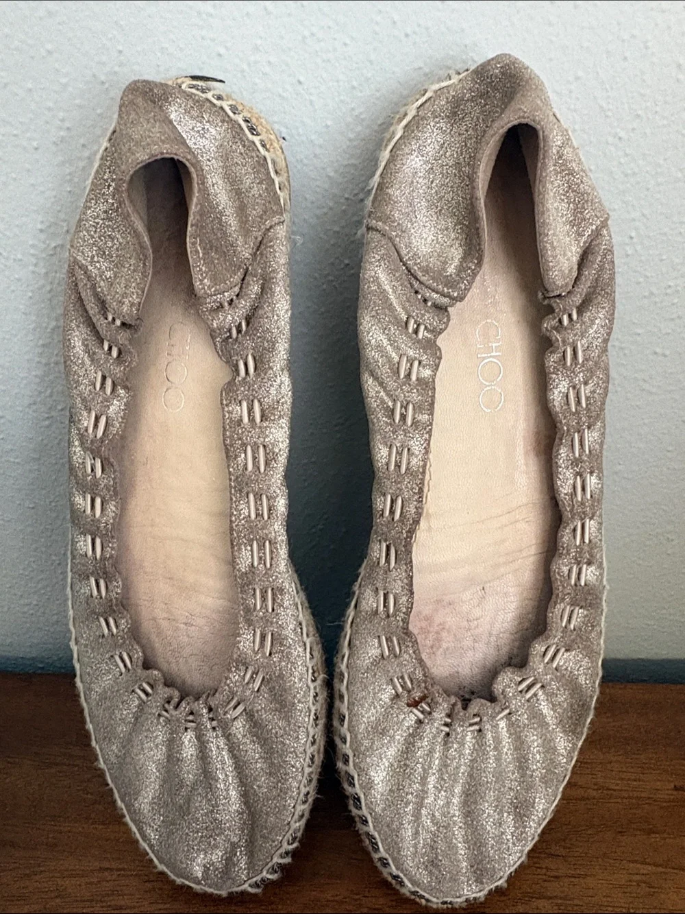 Jimmy Choo Metallic Taupe Espadrille Flats
